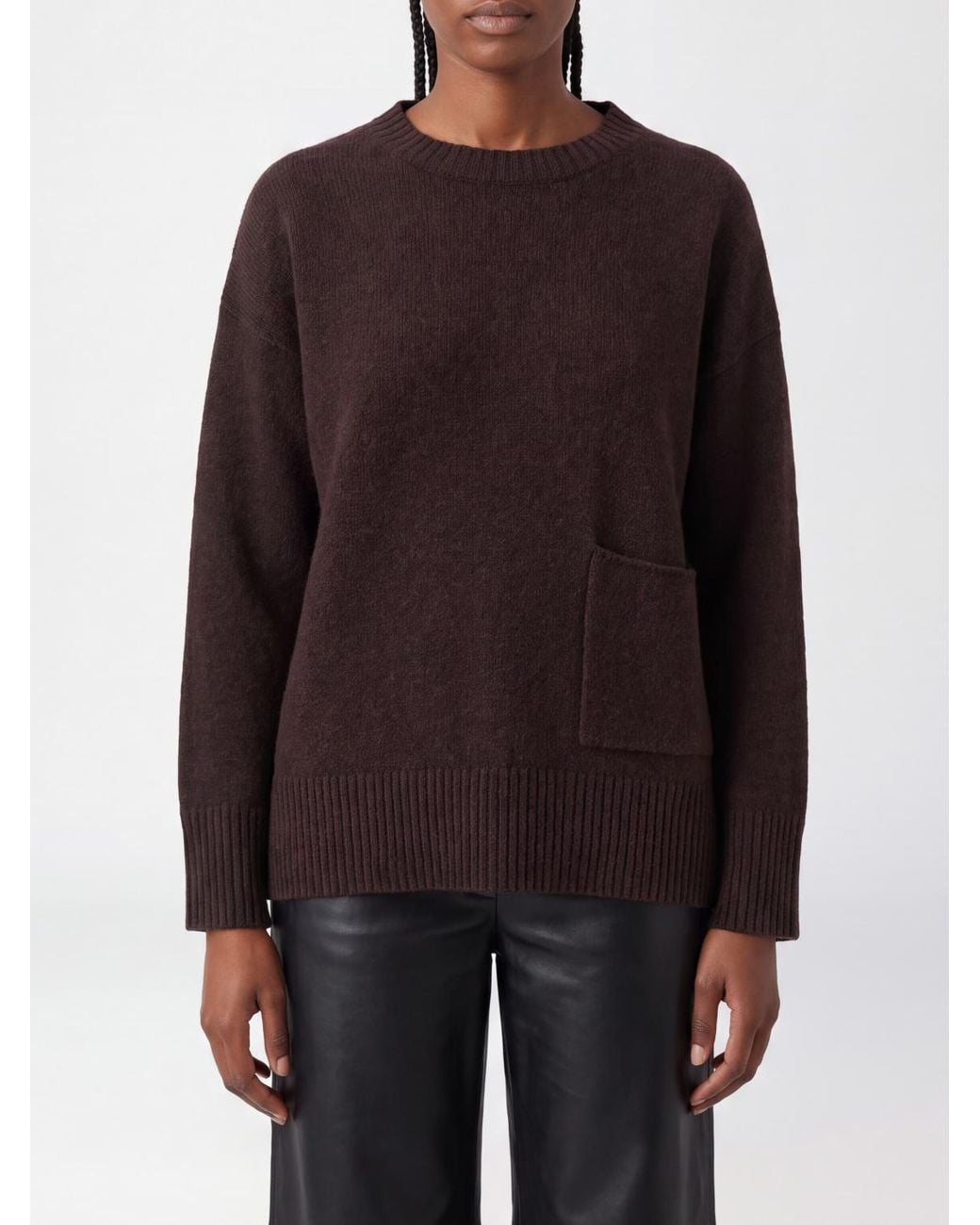 Not Shy Brown Pure Cashmere Crewneck Jumper With Applied Patch Pocket