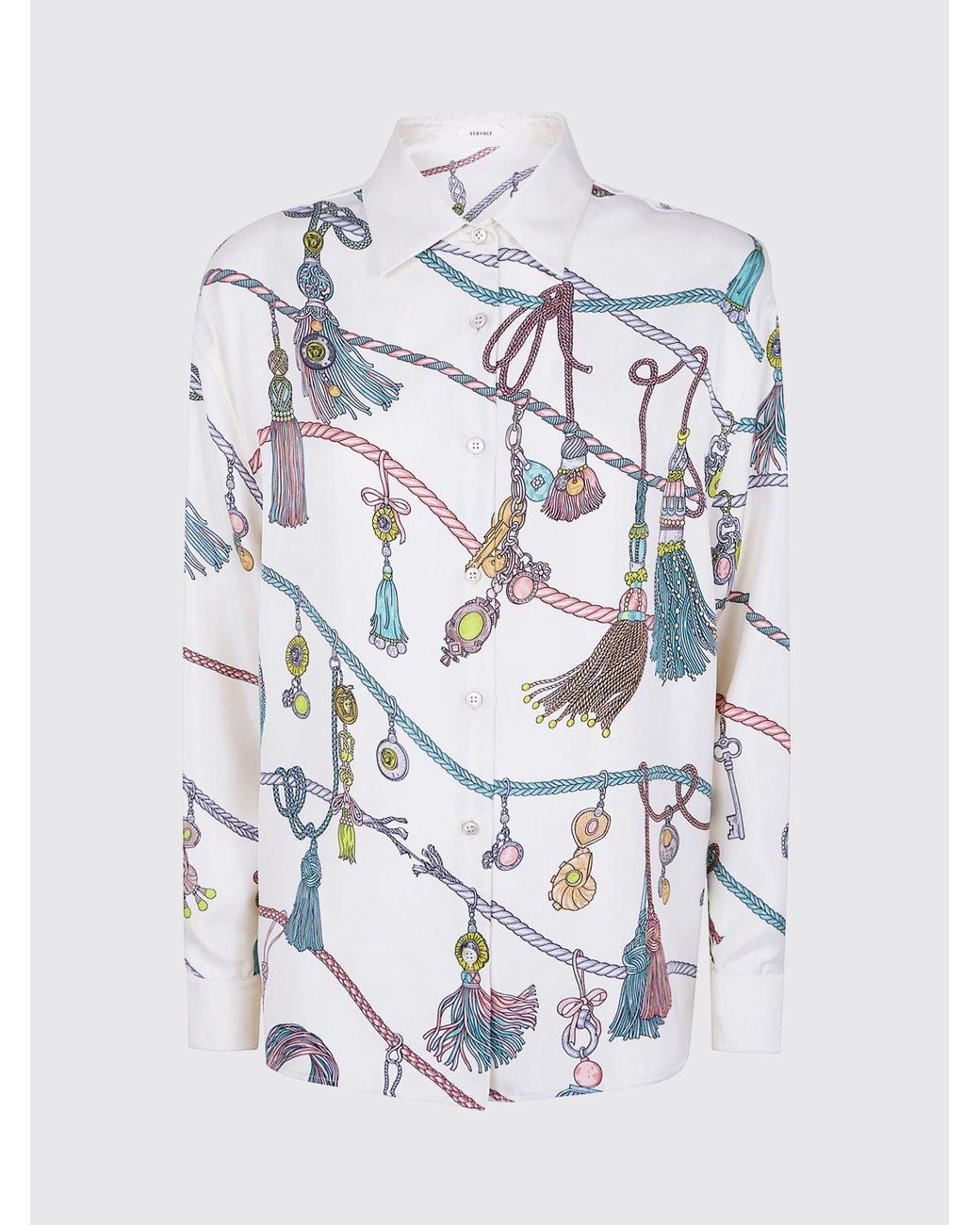 Camisa De Manga Larga En Pura Seda Con Estampado Gráfico Versace de color Green