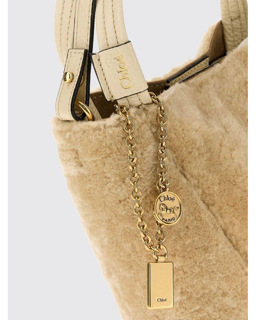 Chloé Natural Chlo&Eacute Spin Shearling Shoulder Bag With Double Handle And Decorative Charm