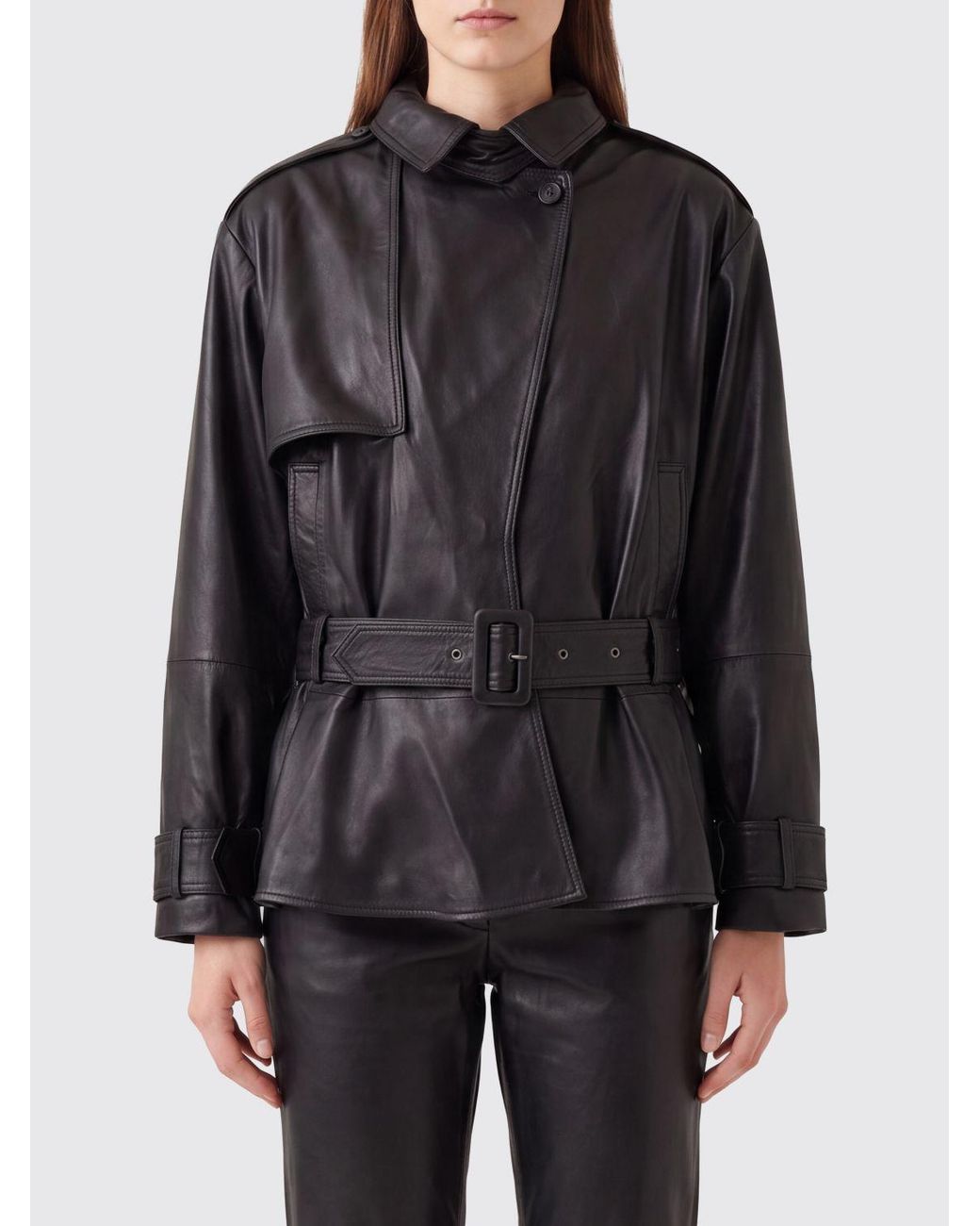 ROTATE BIRGER CHRISTENSEN Black Cropped Lambskin Leather Jacket With Belt And Side Closure