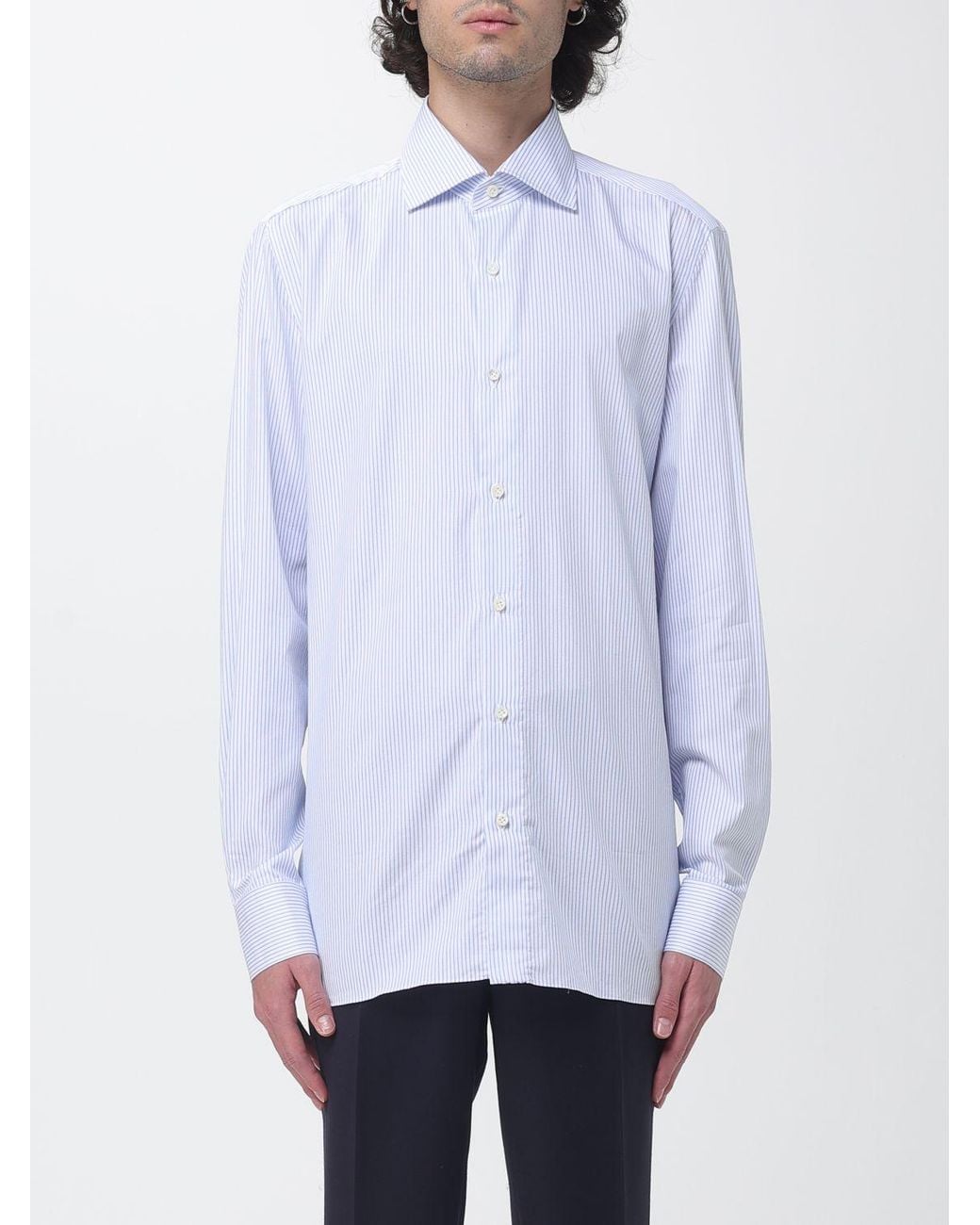 Luigi Borrelli Napoli White Luciano Long-Sleeve Striped Cotton Shirt With French Collar for men