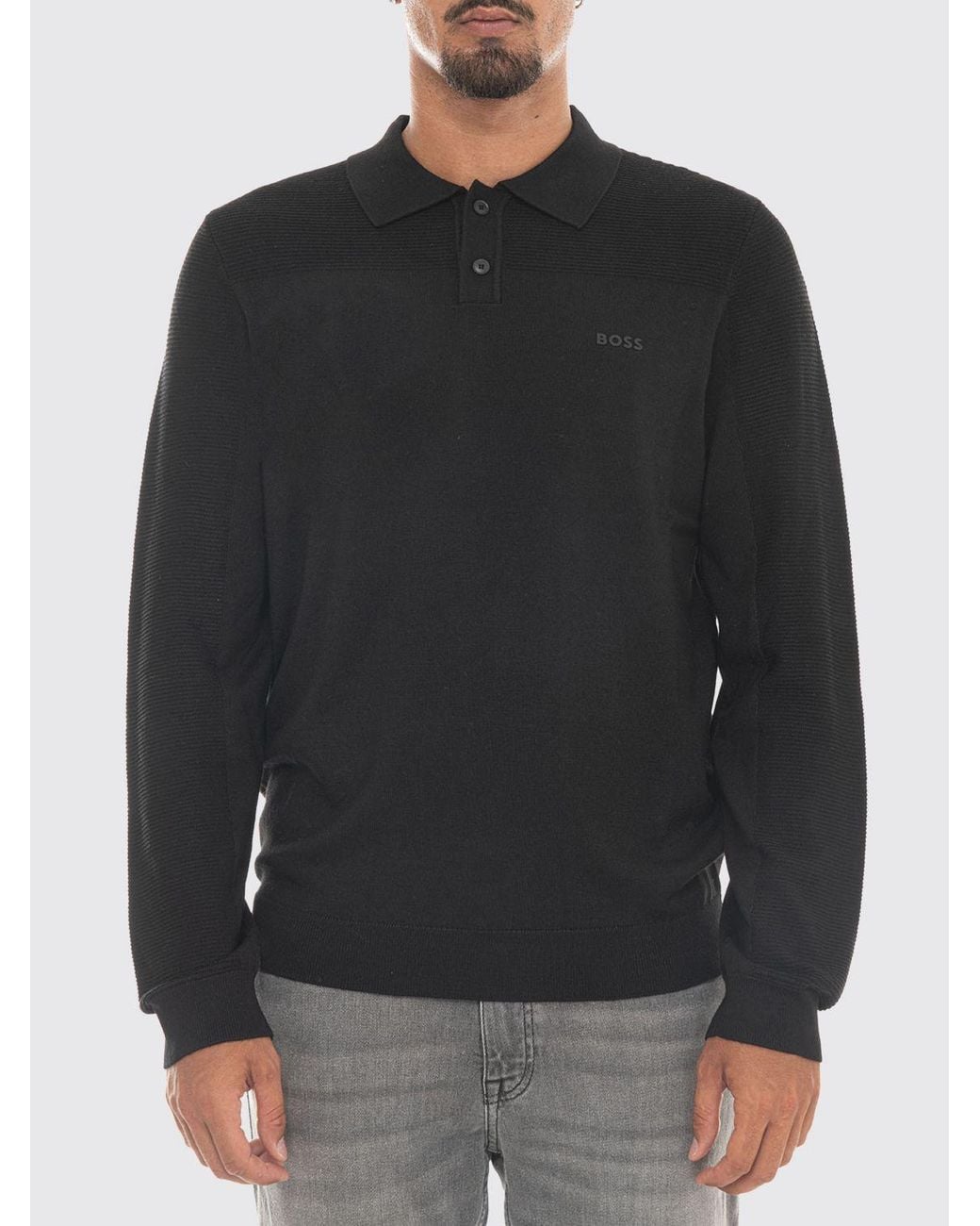 Boss Black Long-Sleeved Wool-Blend Polo Shirt With Ribbed Collar for men