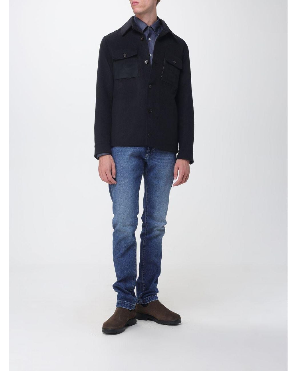 Luciano Barbera Blue Short Wool And Cashmere Coat With Patch Pockets for men