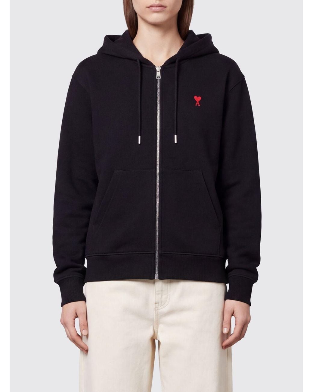 AMI Blue Cotton Zip-Up Hoodie With Embroidered Logo And Kangaroo Pocket
