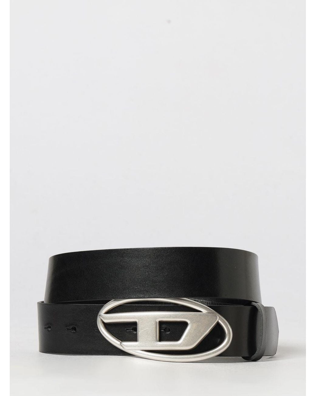 DIESEL Gray Leather Belt With Oval D Logo Buckle for men