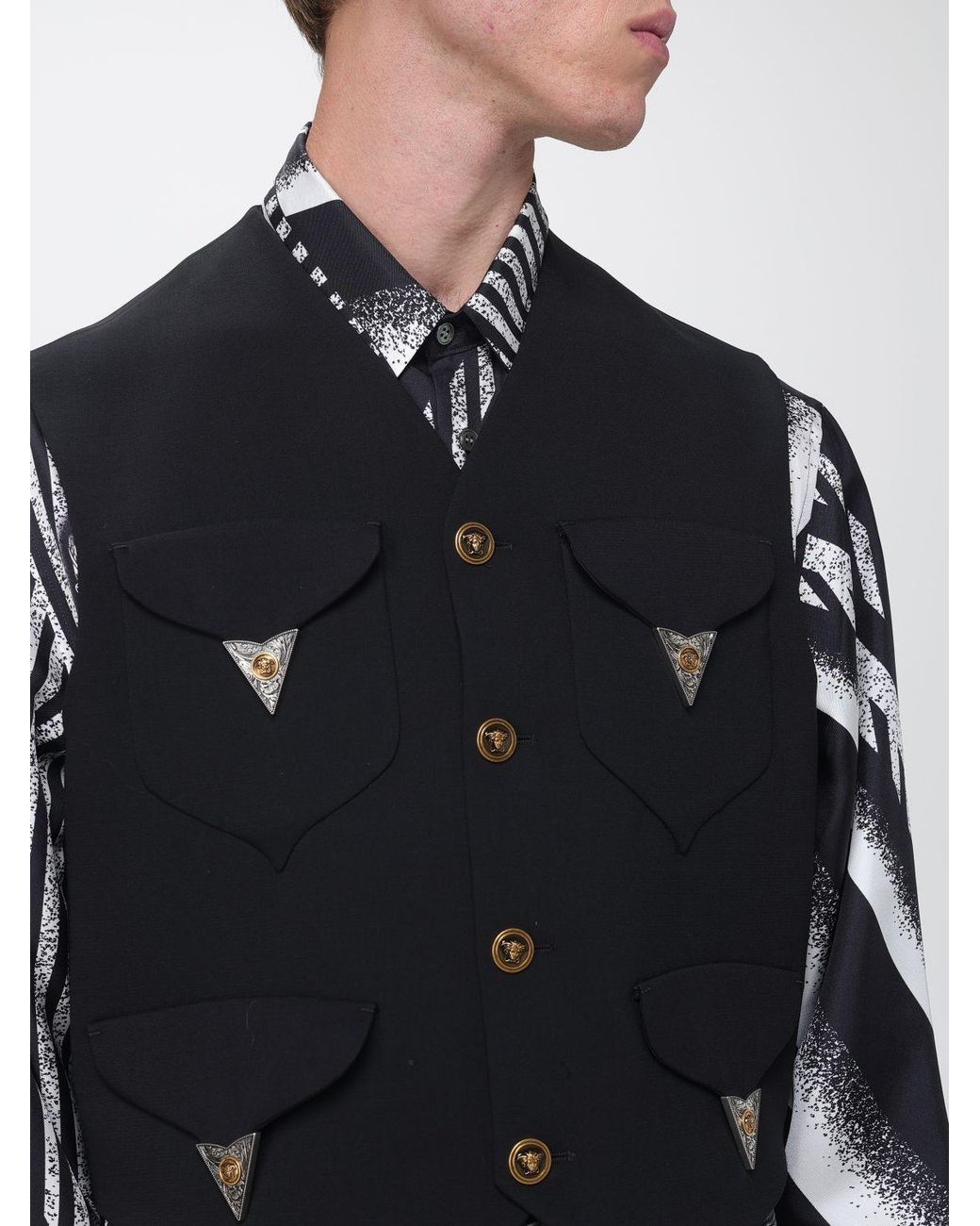 Versace Blue Virgin Wool Tailored Waistcoat With V-Neck And Metallic Buttons for men