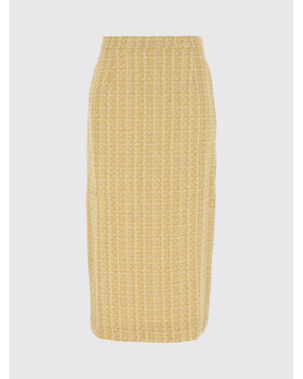 Alessandra Rich Natural High-Waisted Tweed Midi Pencil Skirt With Side Slit