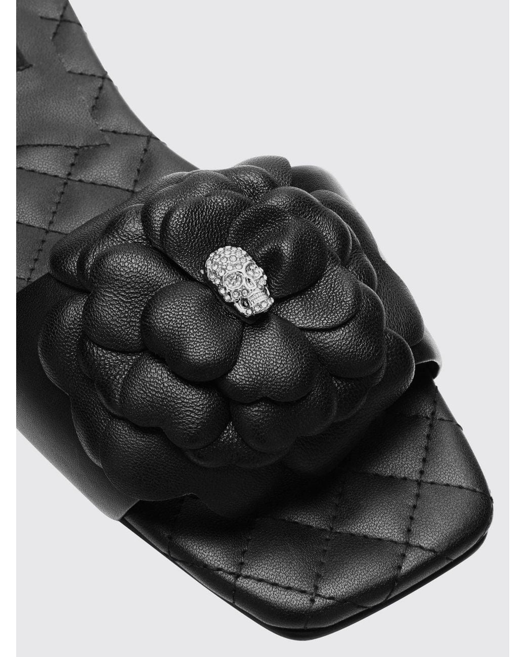 Philipp Plein Black Leather Slide Sandals With Floral And Skull Appliqué