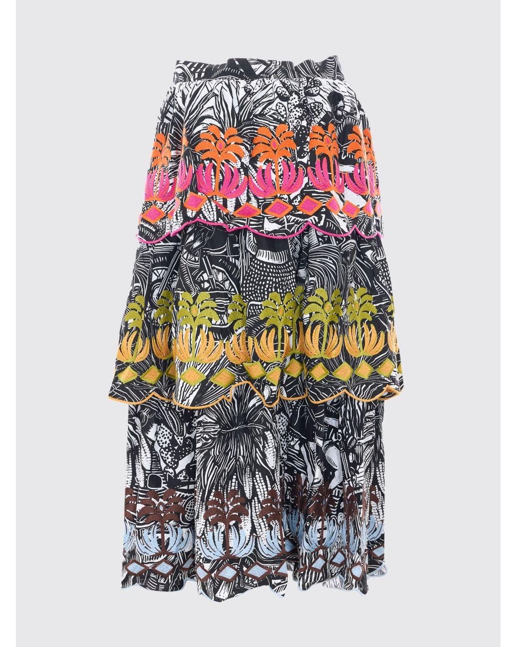 Farm Rio Multicolor High-Waist Tropical Print Embroidered Cotton Midi Skirt