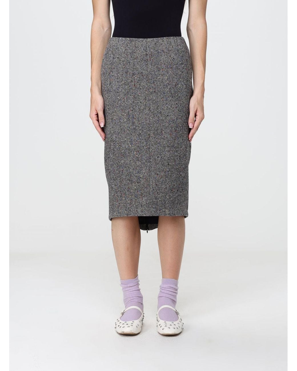 N°21 Gray Abstract Print Virgin Wool Midi Pencil Skirt With Asymmetric Hem