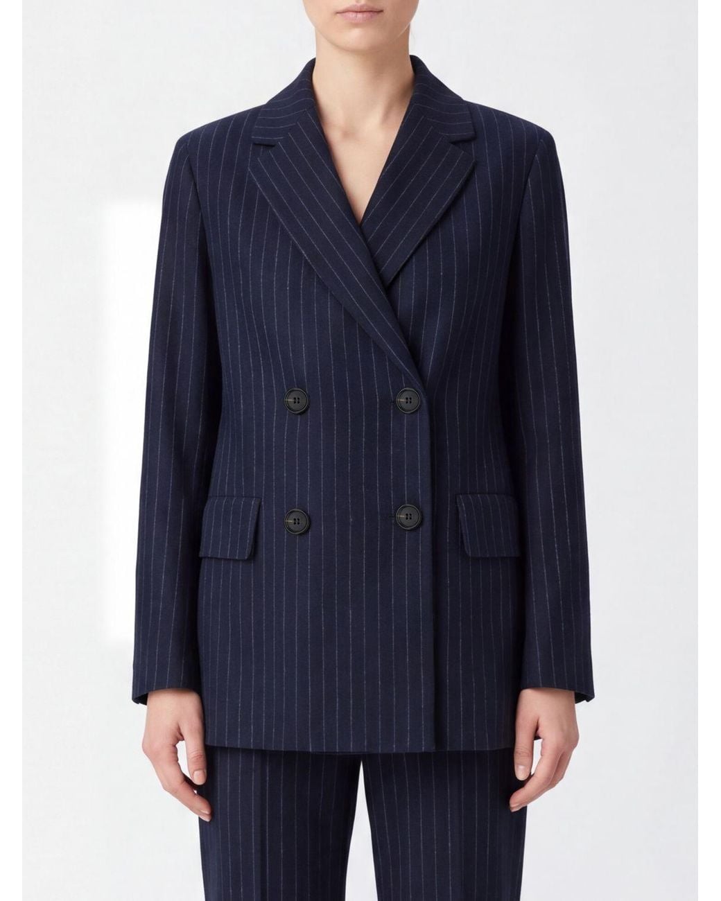 Max Mara Blue Pinstripe Wool Double-Breasted Blazer With Classic Lapels