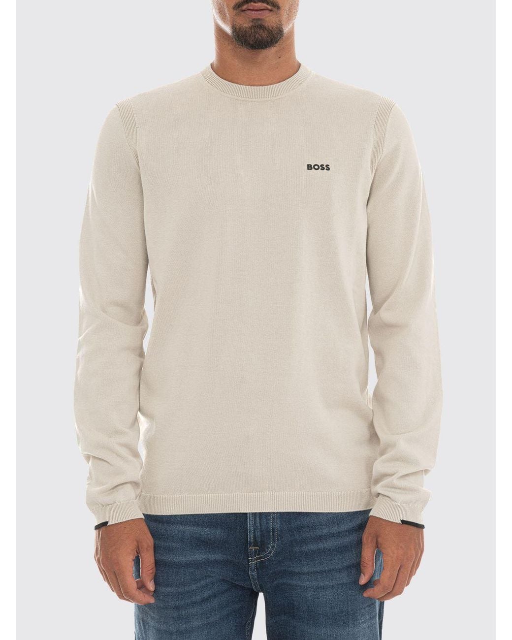 Boss Natural Slim Fit Cotton Crew-Neck Jumper With Contrasting Logo for men