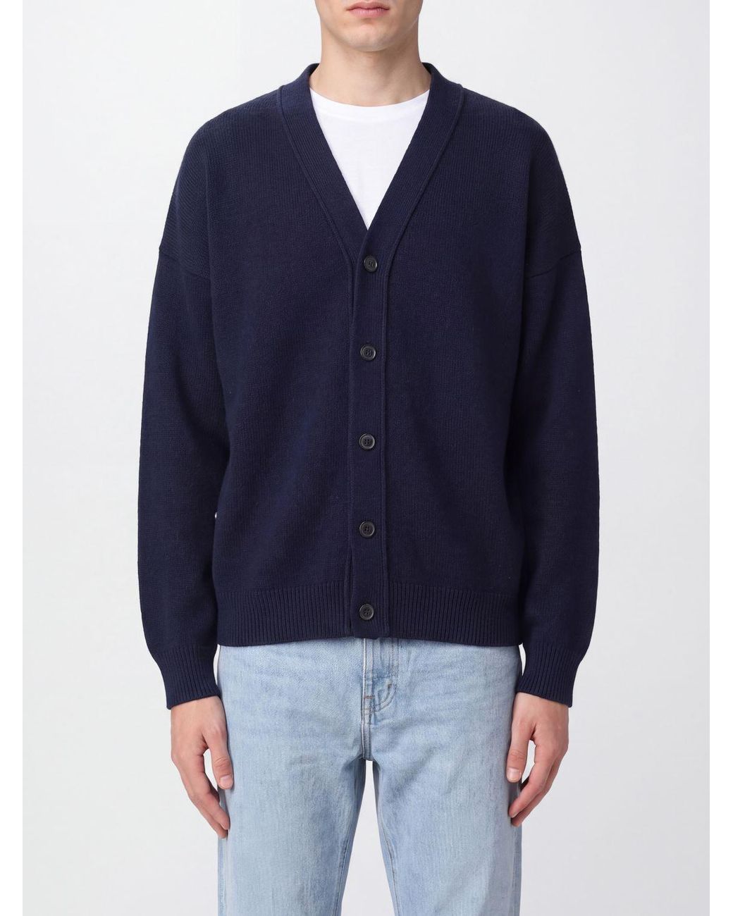 Laneus Blue V-Neck Wool Cardigan With Button Closure for men