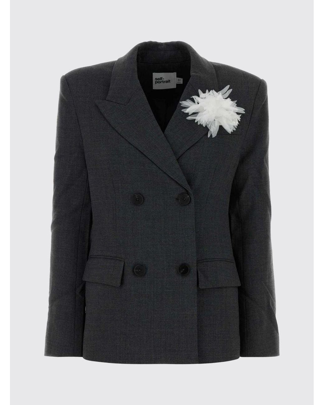 Self-Portrait Blue Double-Breasted Cropped Wool-Blend Blazer With Flower