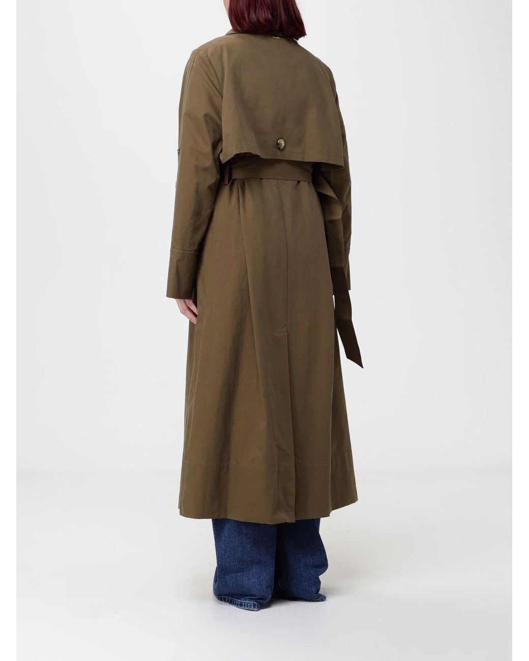 Twinset Natural Double-Breasted Long Cotton-Blend Trench Coat With Belt And Kimono Sleeves
