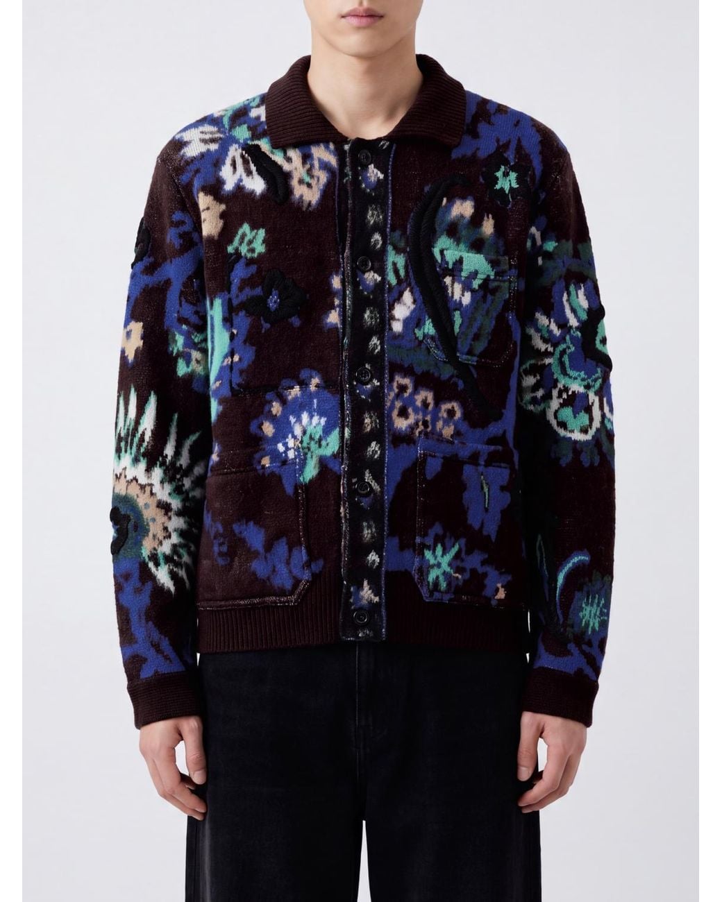 SACAI X CARHARTT WIP Blue Single-Breasted Jacquard Wool Cardigan With Ribbed Collar for men