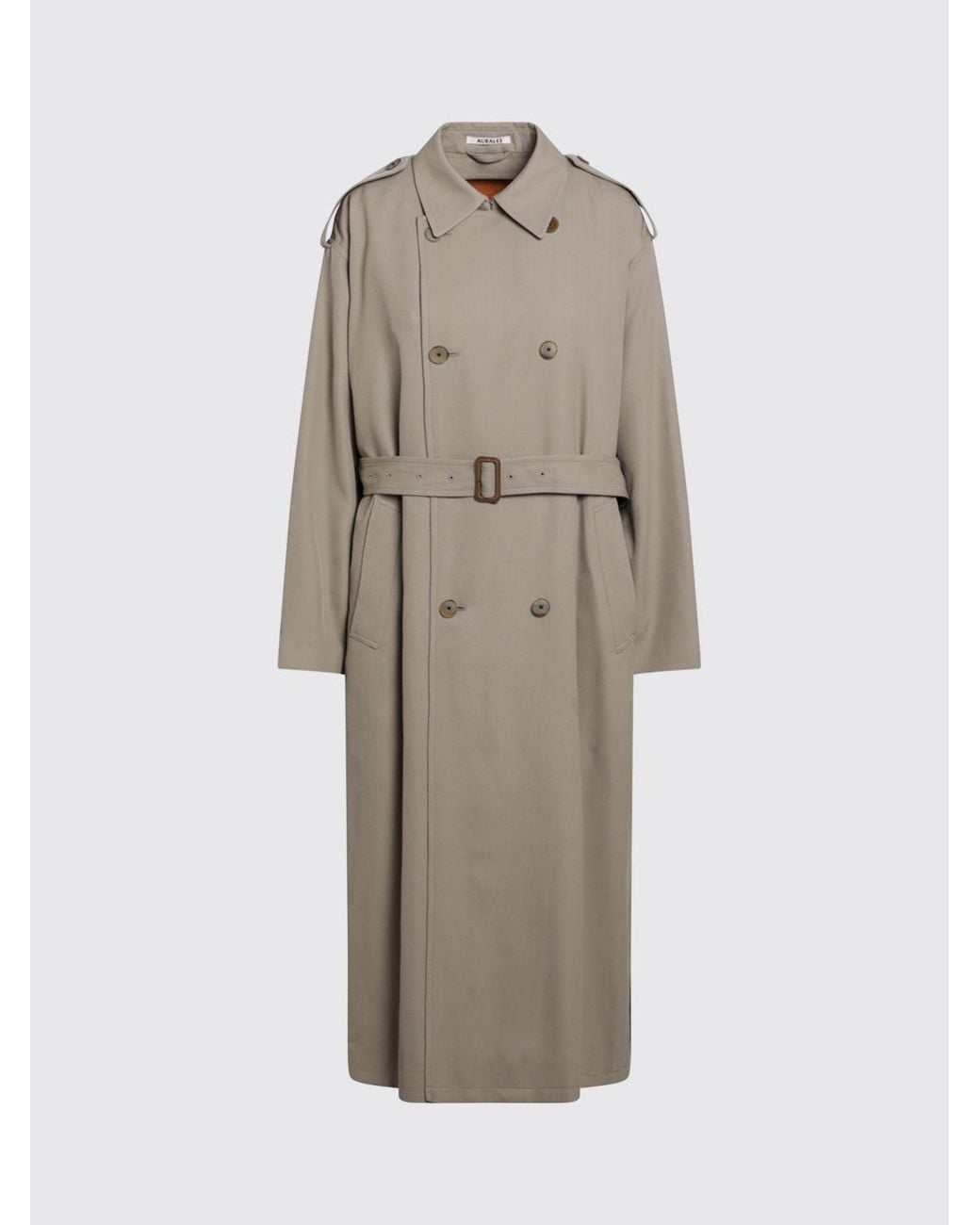 Auralee Natural Long Double-Breasted Wool Trench Coat With Belt And Epaulettes