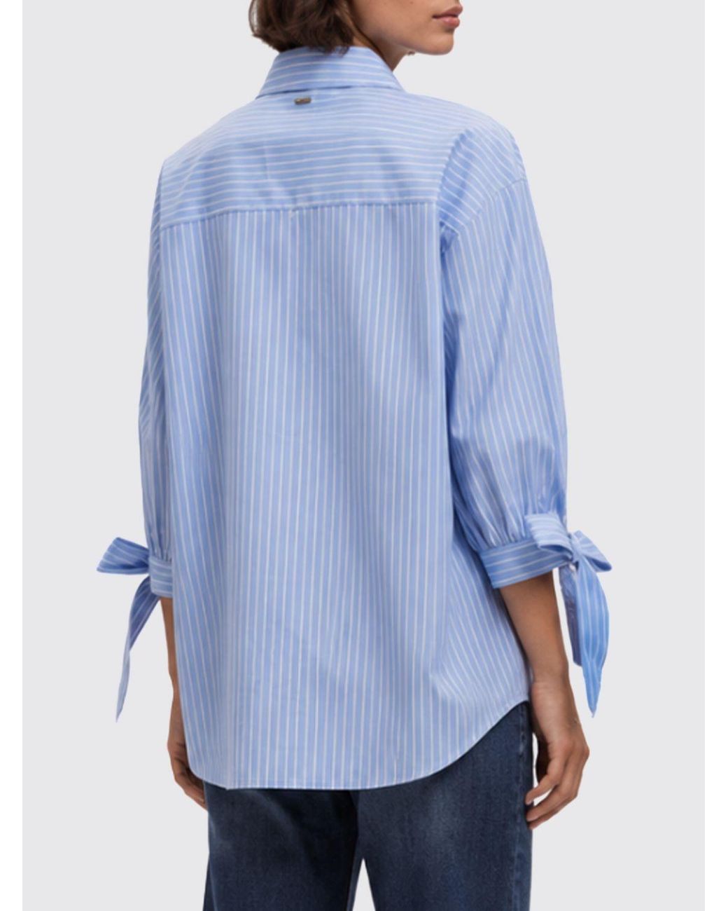 Twinset Blue Striped Cotton Relaxed-Fit Shirt With Contrast Embroidered Logo