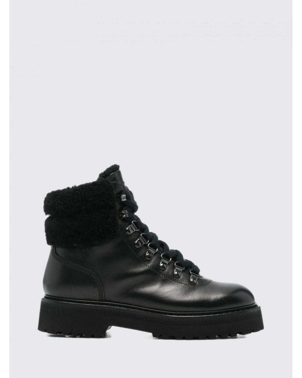 Woolrich Black Calfskin Leather Outdoor Boots With Shearling Lining