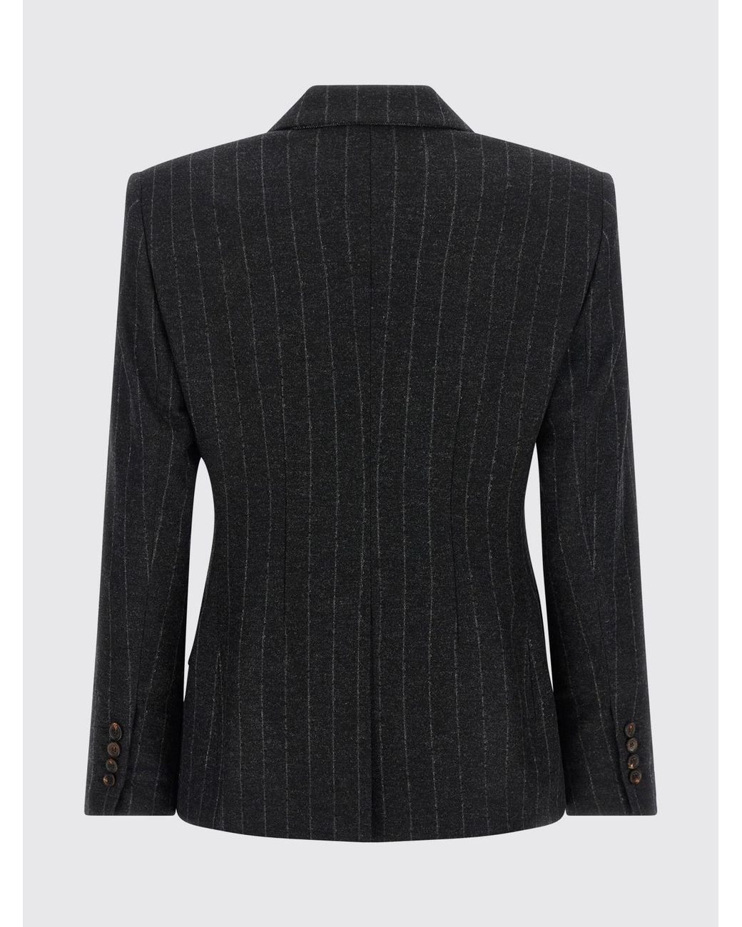 Brunello Cucinelli Blue Pinstripe Short Double-Breasted Wool Blazer With Peak Lapels