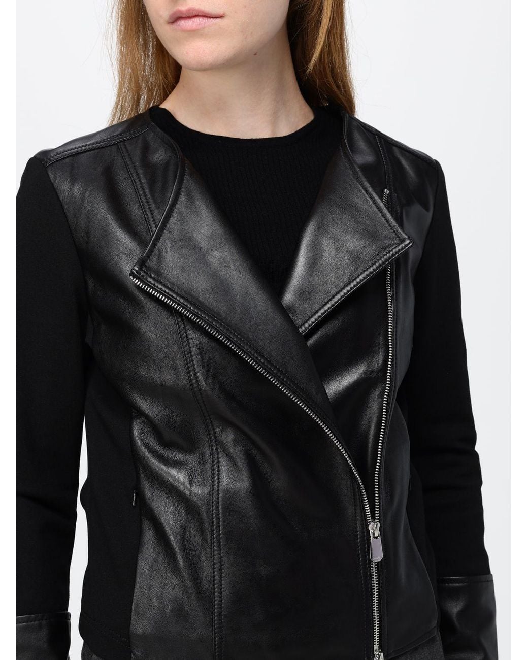 Pinko Black Cropped Leather Biker Jacket With An Asymmetrical Zip Closure