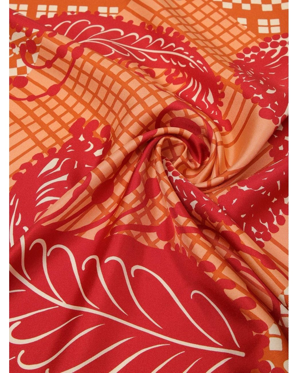 Mantero 1902 Orange Square Silk Twill Foulard With Paisley And Check Print