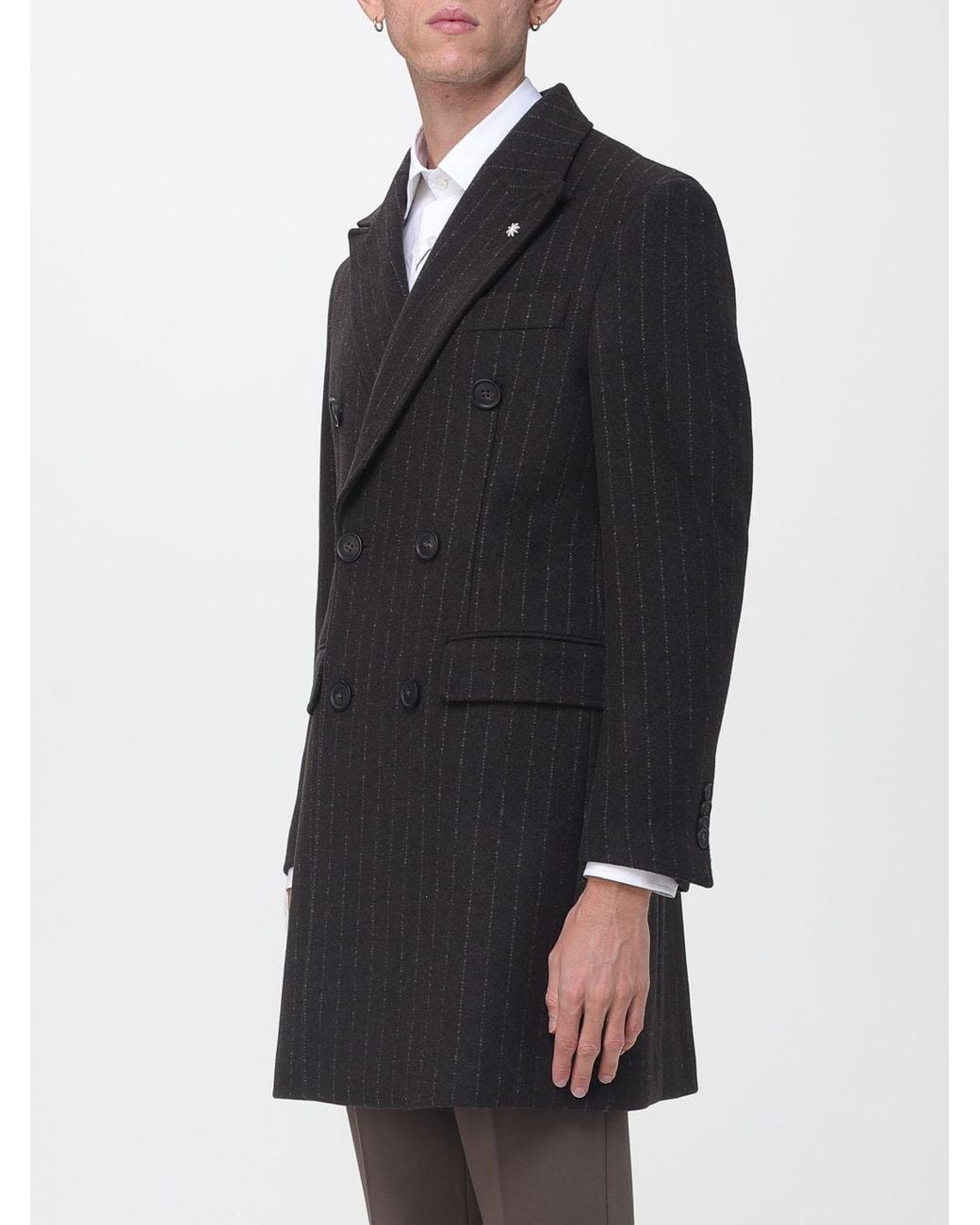 Manuel Ritz Black Pinstriped Wool Double-Breasted Coat With Peak Lapels for men
