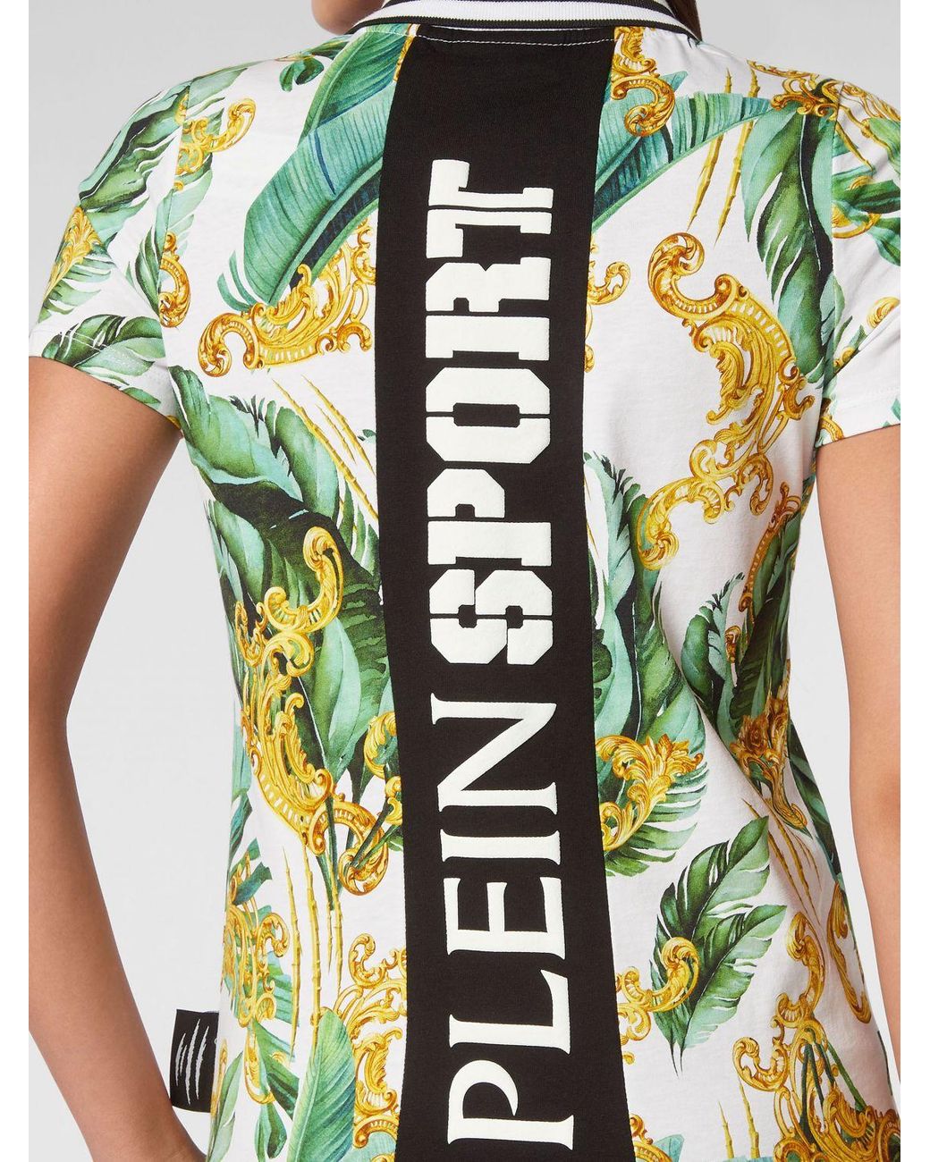 Philipp Plein Green Sleeveless Cotton Polo Shirt With Tropical Print And Striped Collar