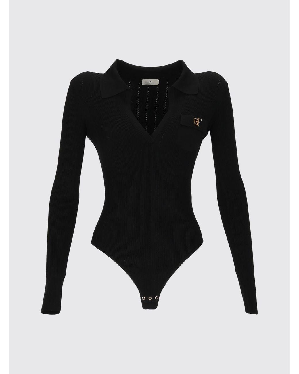 Elisabetta Franchi Black Slim Fit Long-Sleeved V-Neck Bodysuit With Ruffles