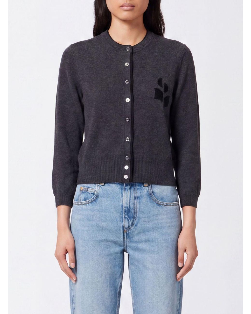 Isabel Marant Blue Cotton And Wool Crewneck Cardigan With Contrast Logo