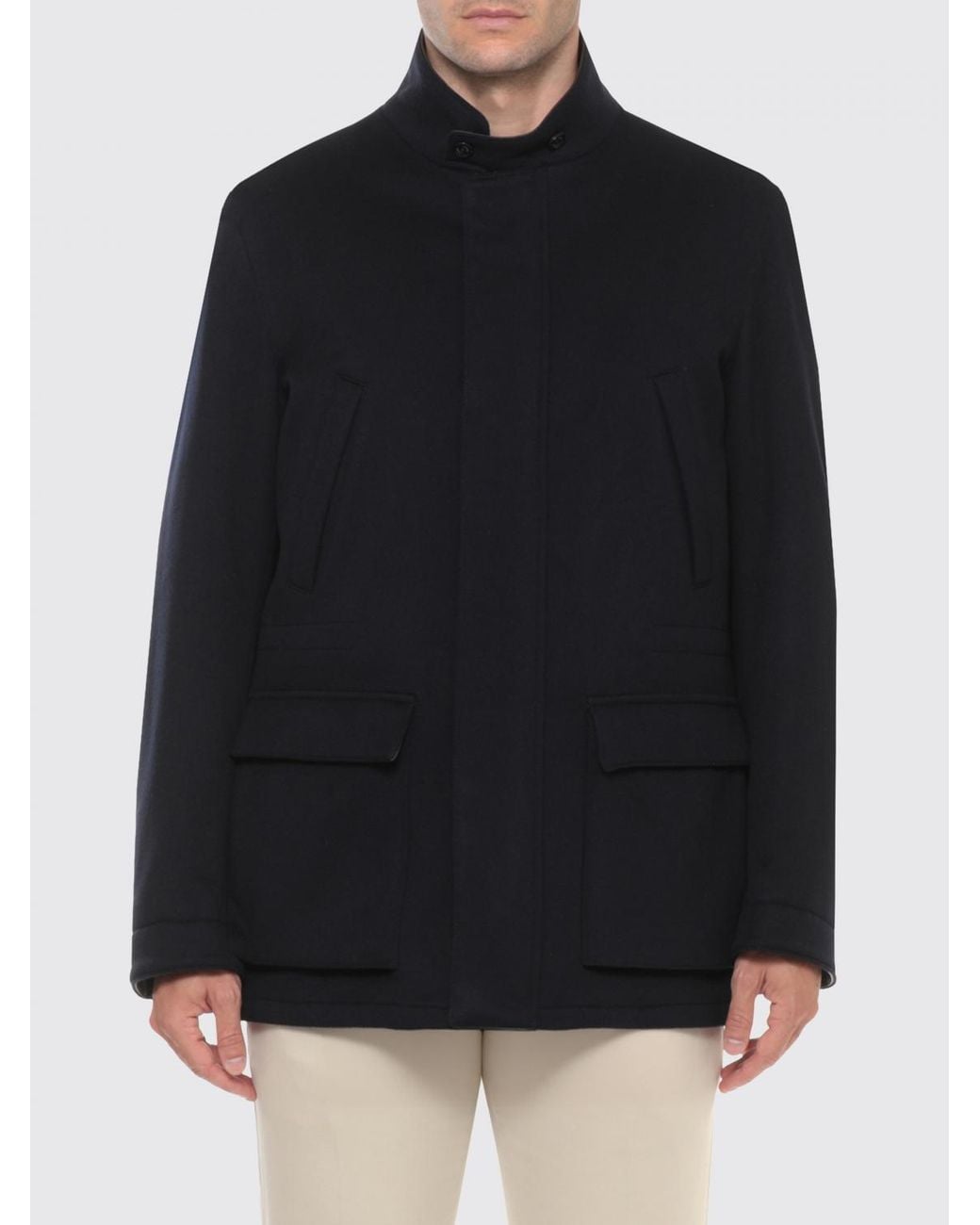 Lardini Black Single-Breasted Short Cashmere Coat With High Collar for men