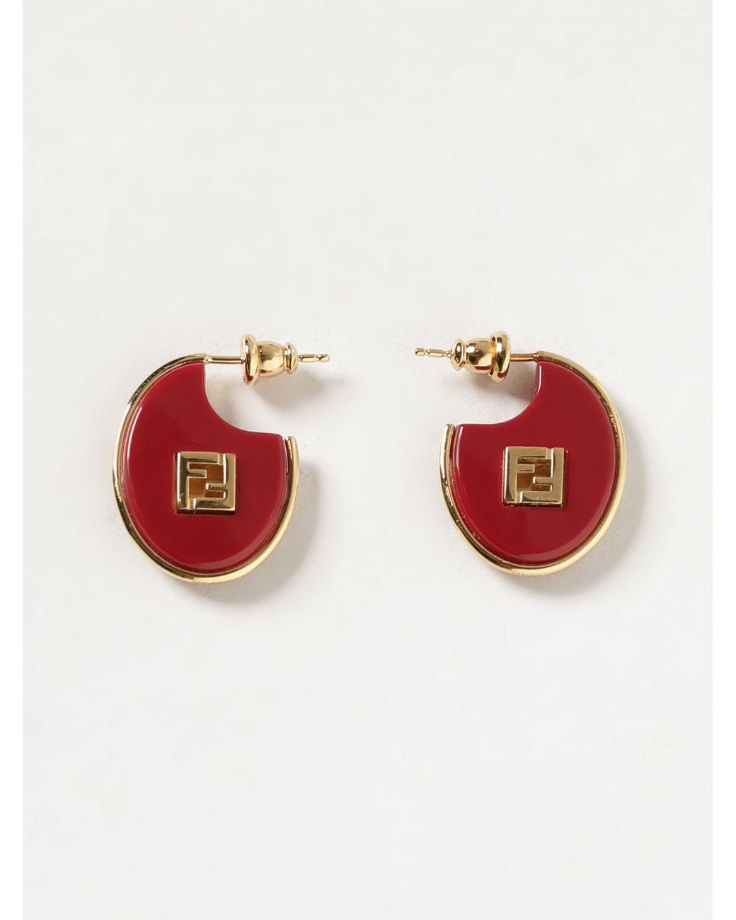 Fendi Red Resin And Bronze Pendant Earrings With Ff Monogram