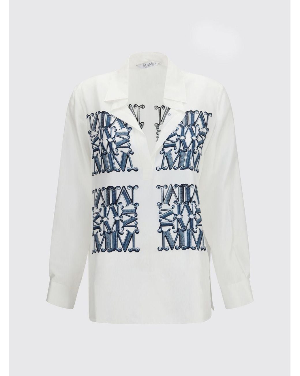 Max Mara White Monogram Print Silk Shirt With Classic Collar