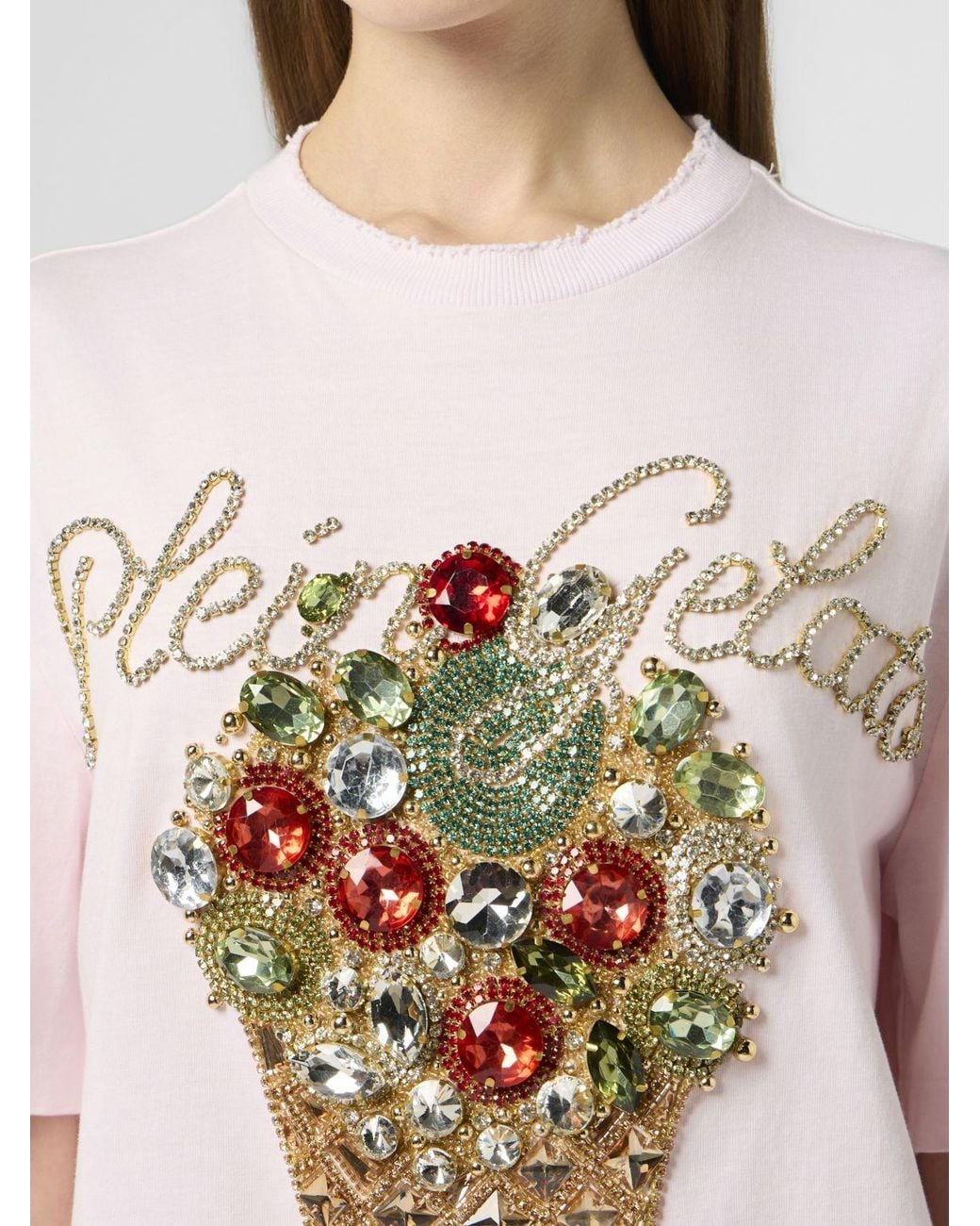 Philipp Plein Natural Cotton Jersey T-Shirt With Rhinestone Logo And Fringed Hem