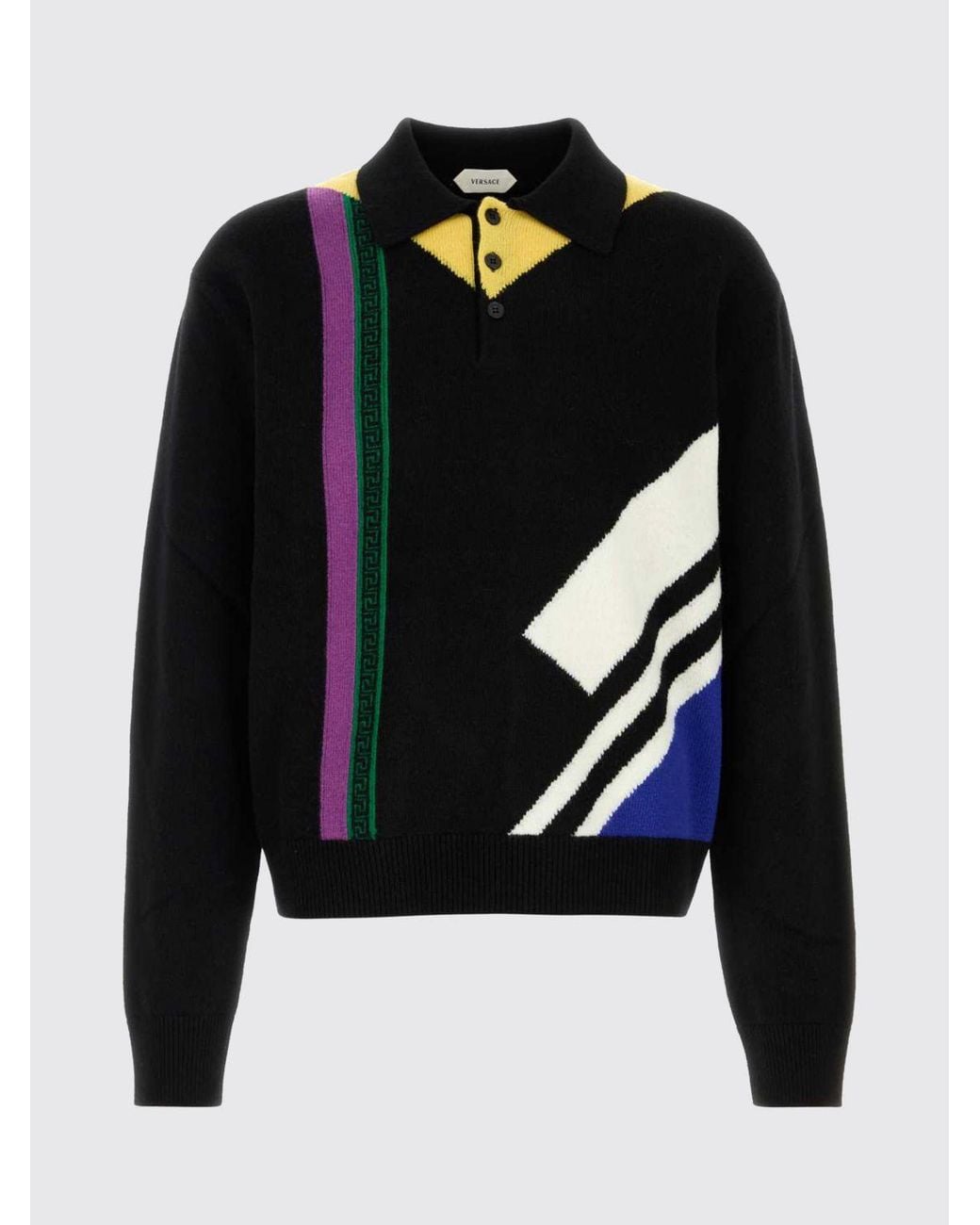 Versace Blue Geometric Pattern Long-Sleeved Wool Knit Polo for men