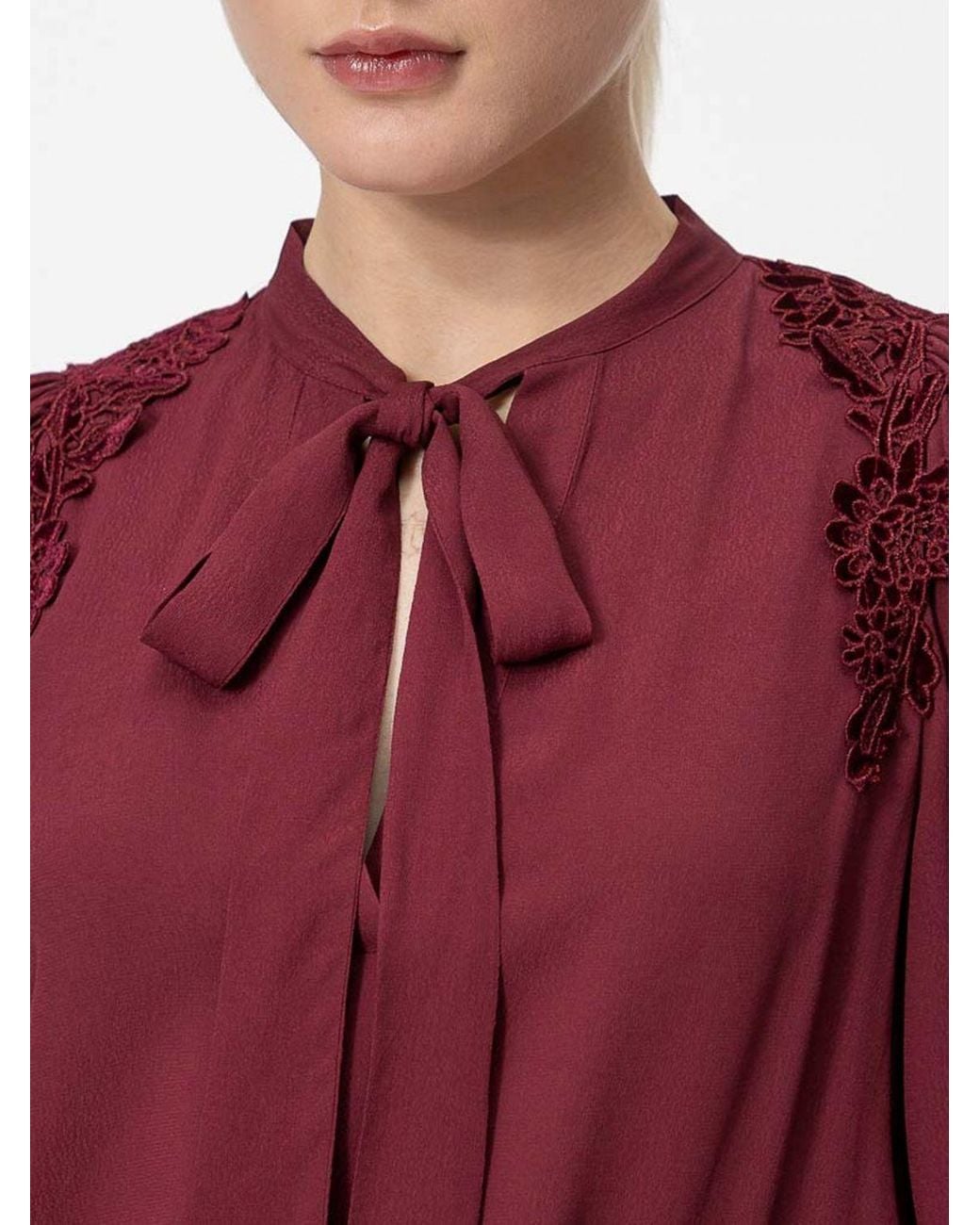 Twinset Red Viscose Chemisier Mini Dress With Tie-Neck And Lace Inserts