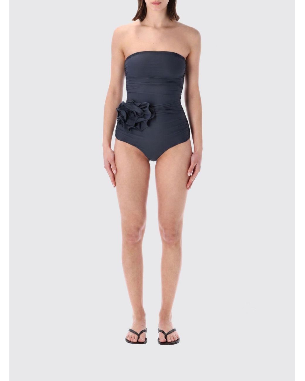 Magda Butrym Blue Off-The-Shoulder One-Piece Swimsuit With Flower Appliqué