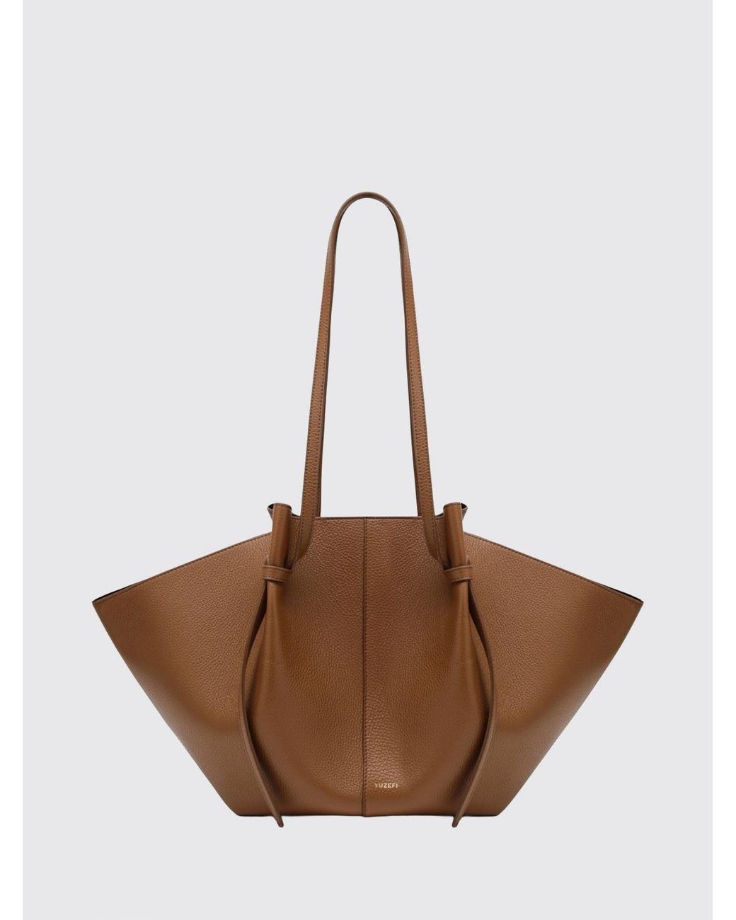 Yuzefi Brown Mochi Hammered Leather Flared Shoulder Bag With Laminated Logo