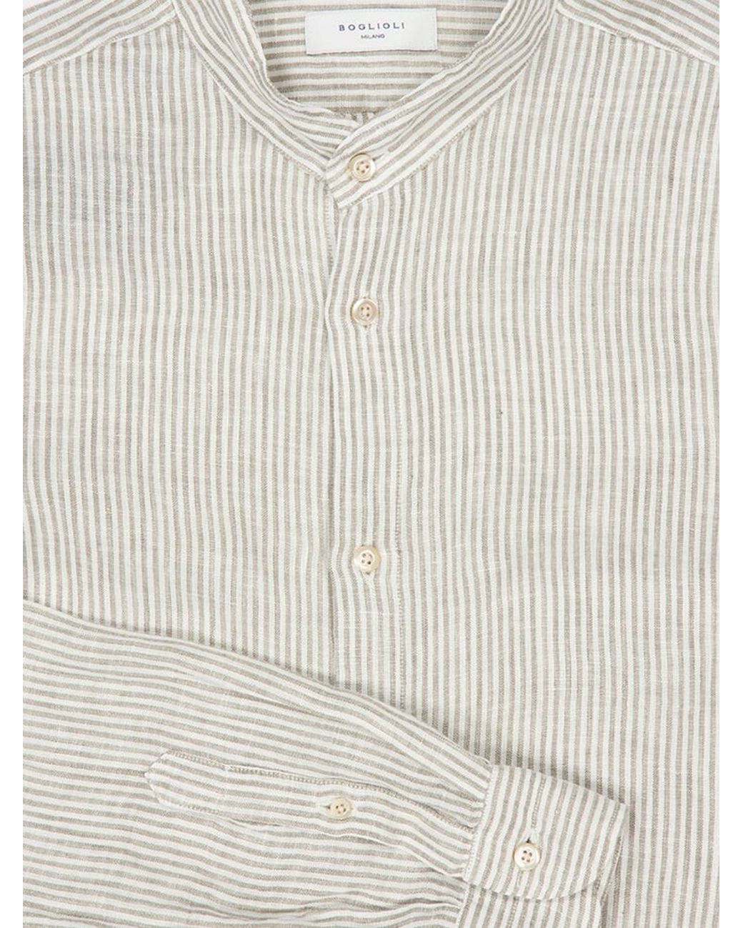Boglioli Gray Striped Linen Slim Fit Shirt With Mandarin Collar for men