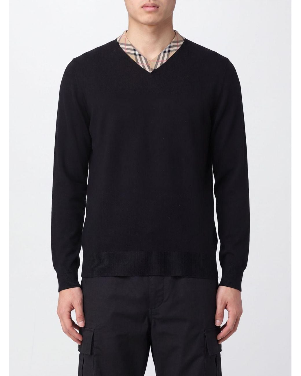 Burberry Blue V-Neck All-Over Vintage Check Wool Jumper for men