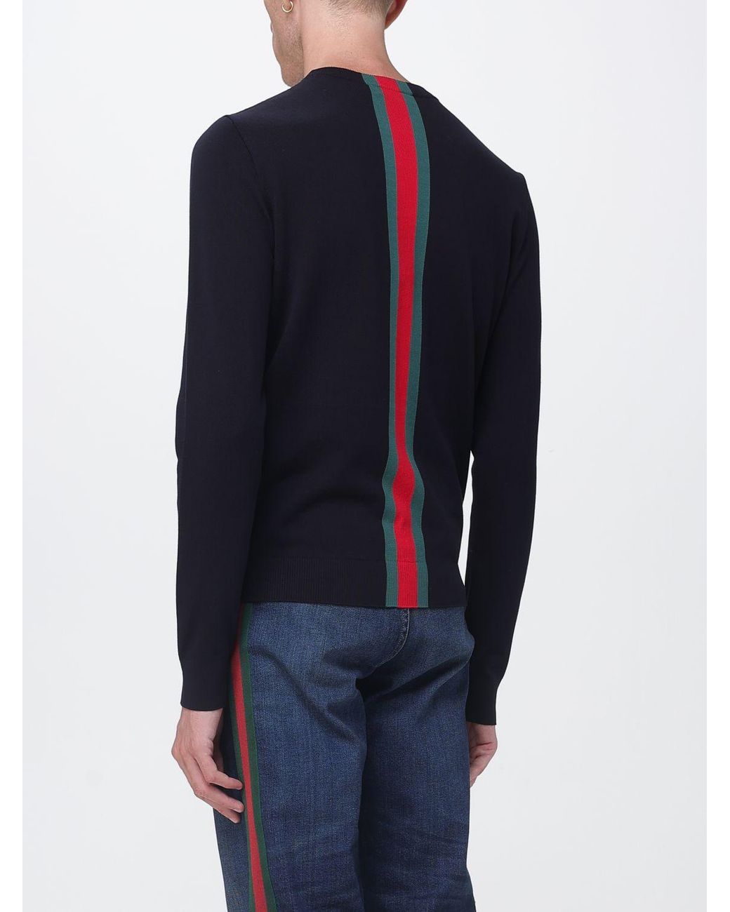 Gucci Blue Striped Cotton Crew-Neck Jumper With Web Detail for men