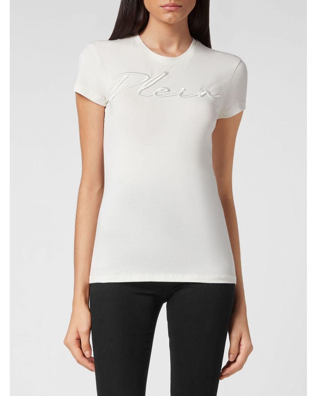 Philipp Plein White Slim Fit Jersey Crewneck T-Shirt With Tone-On-Tone Embroidered Logo