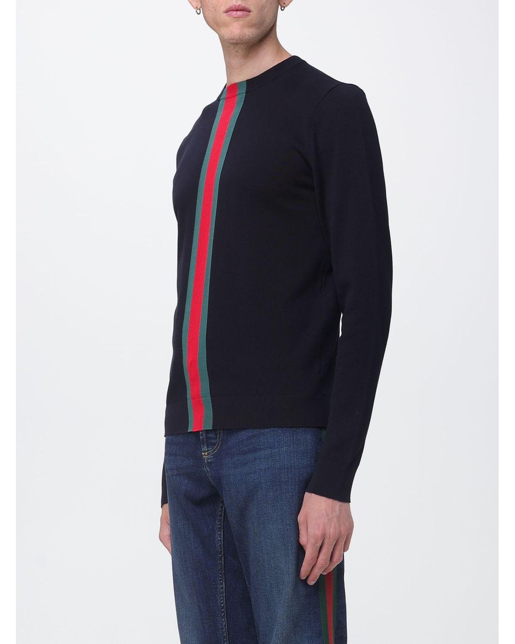 Gucci Blue Striped Cotton Crew-Neck Jumper With Web Detail for men