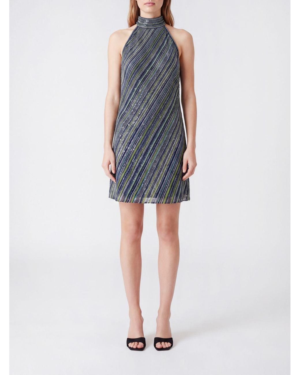 Missoni Blue Multicolour Striped Sequin Sheath Mini Dress With Halter Neck