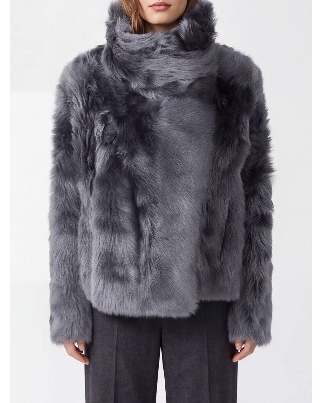 Yves Salomon Gray Double-Breasted Cropped Lambskin Jacket With Funnel Neck