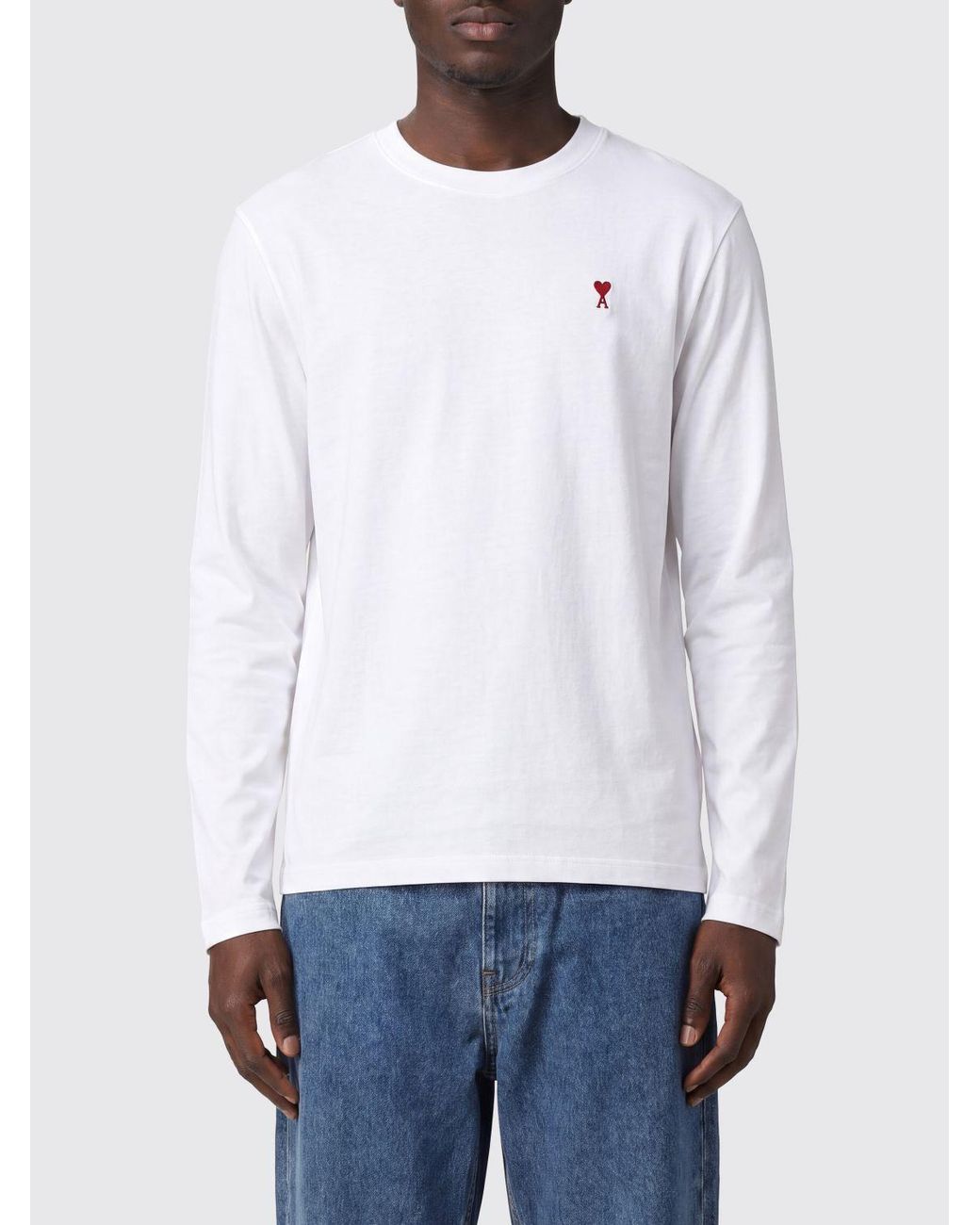 AMI White Long-Sleeved Cotton Jersey T-Shirt With Embroidered Logo for men