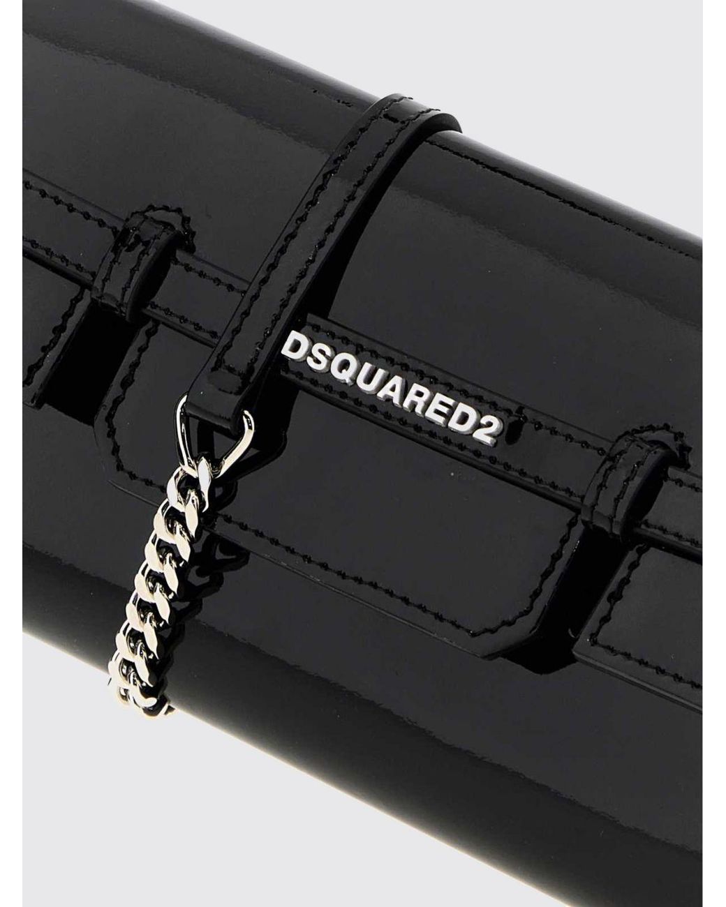 DSquared² Black Patent Leather Clutch With Removable Metal Mesh Shoulder Strap