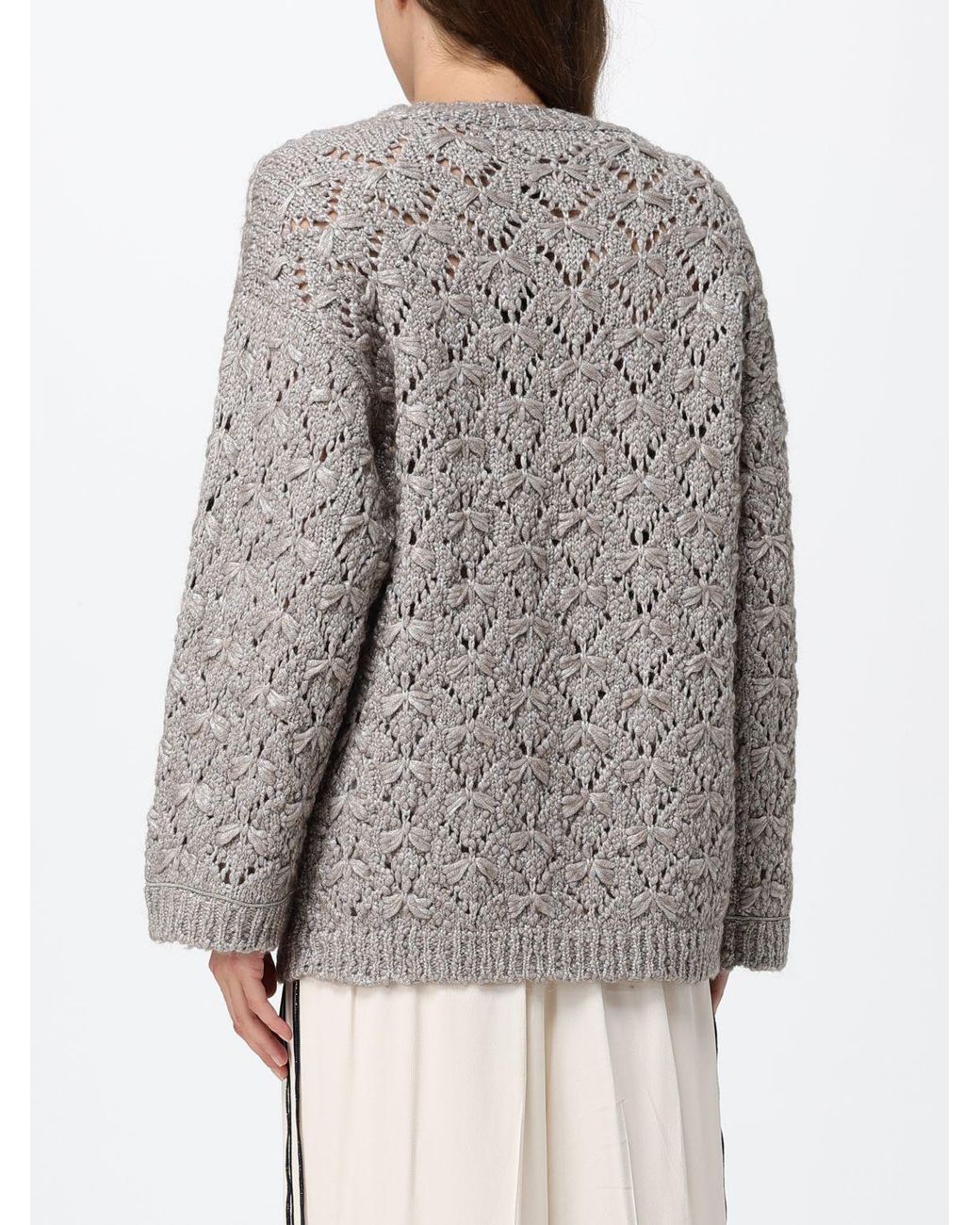 Fabiana Filippi Gray Perforated Wool Blend Crewneck Jumper With Dropped Shoulders