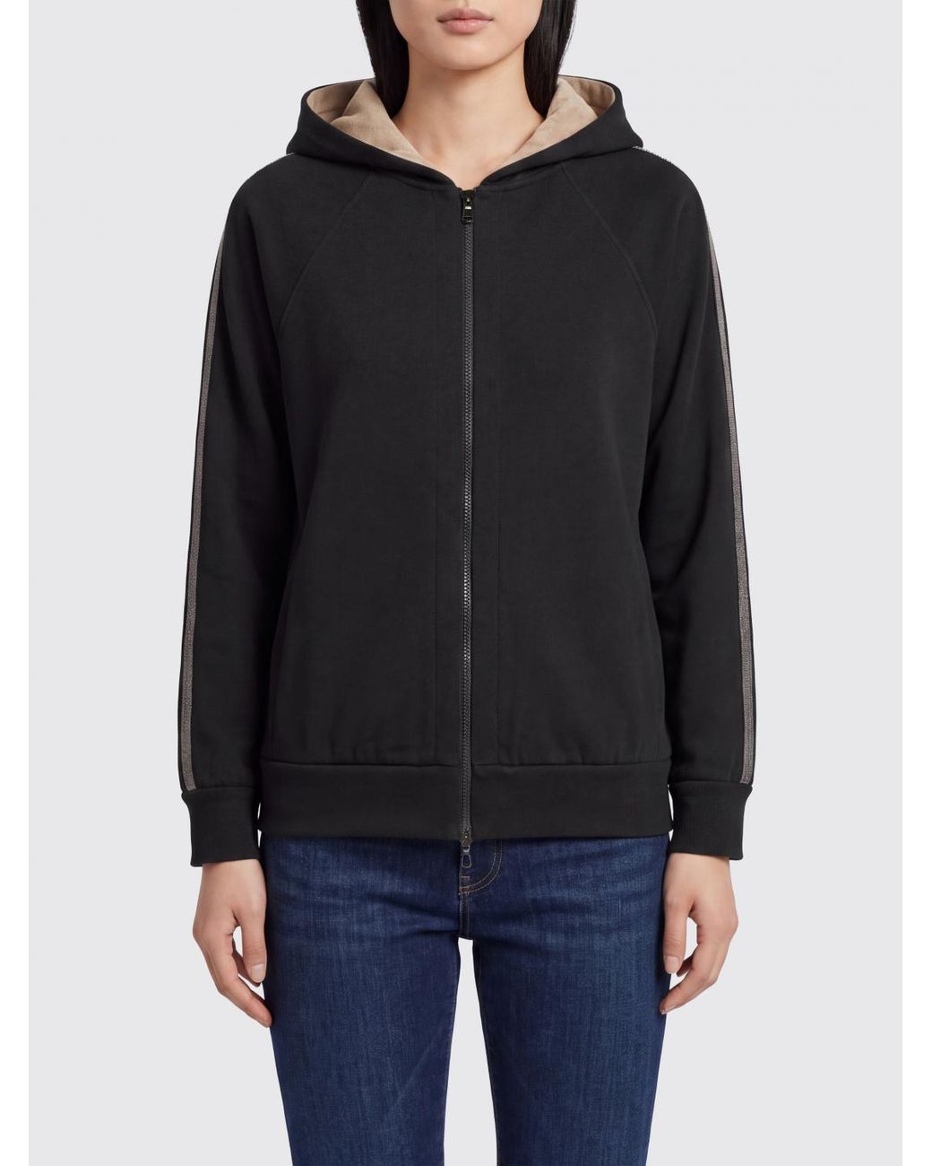 Brunello Cucinelli Black Cotton And Silk Zip-Up Hoodie With Slit Pockets