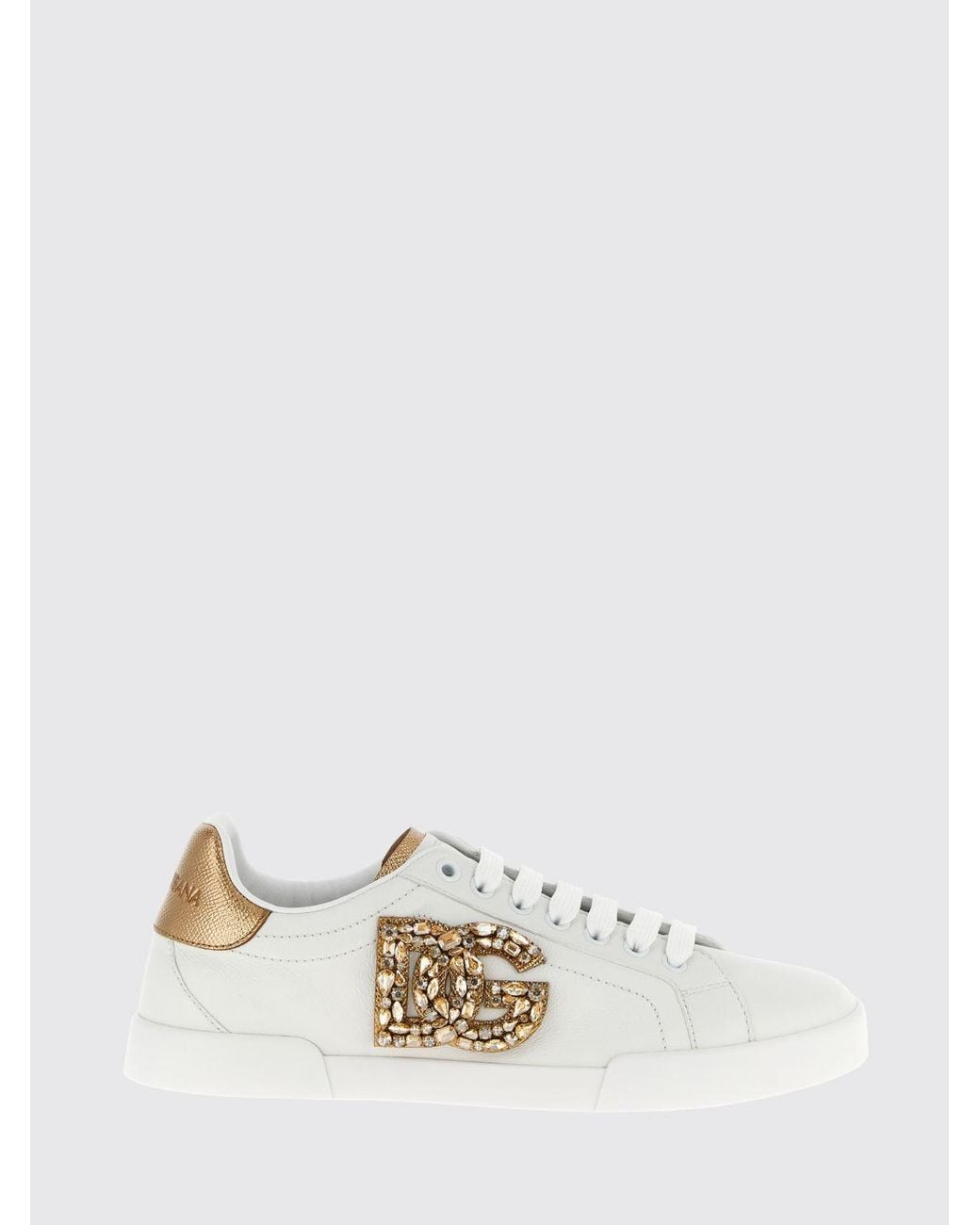 Dolce & Gabbana White Dolce &Amp Gabbana Portofino Smooth Calfskin Sneakers With Rhinestone Dg Monogram